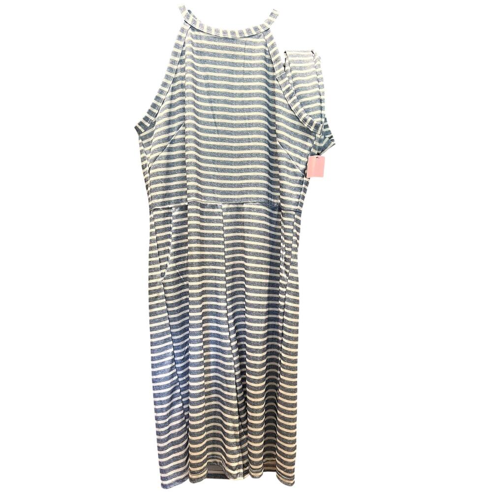 Blue/White stripe romper with belt and pockets, 2XL, $19